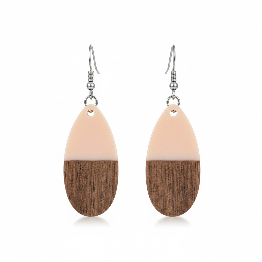 Pink Resin & Wood Silvertone Patchwork Teardrop Hook Earrings