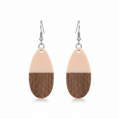 Pink Resin & Wood Silvertone Patchwork Teardrop Hook Earrings