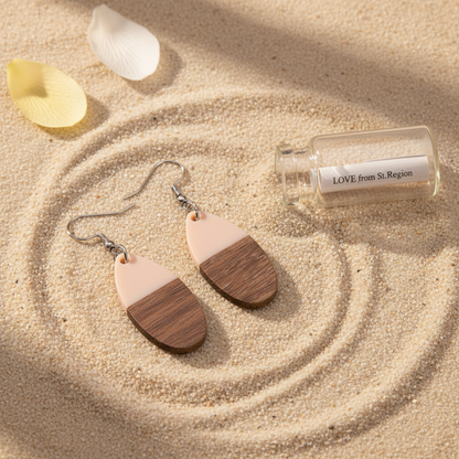 Pink Resin & Wood Silvertone Patchwork Teardrop Hook Earrings