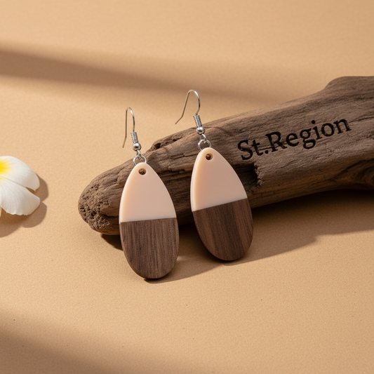 Pink Resin & Wood Silvertone Patchwork Teardrop Hook Earrings