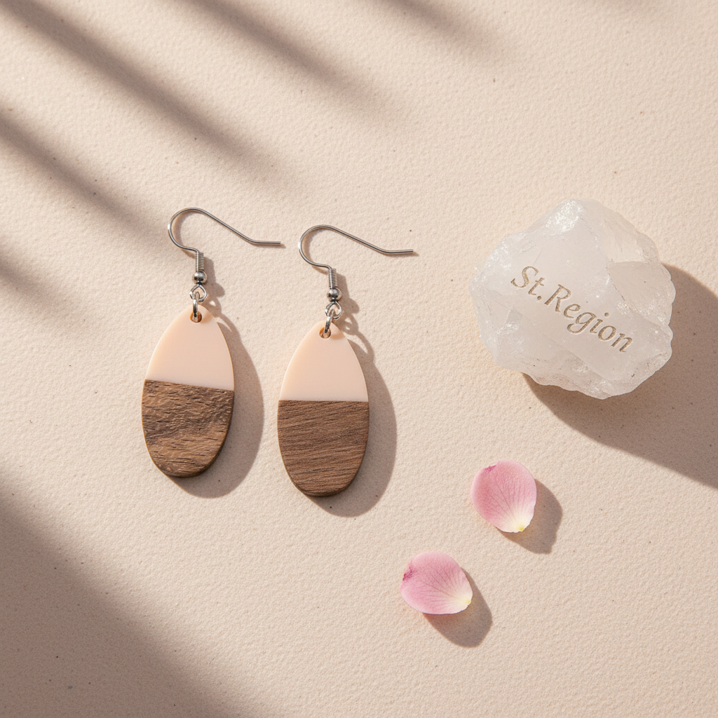 Pink Resin & Wood Silvertone Patchwork Teardrop Hook Earrings