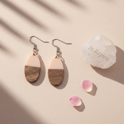 Pink Resin & Wood Silvertone Patchwork Teardrop Hook Earrings