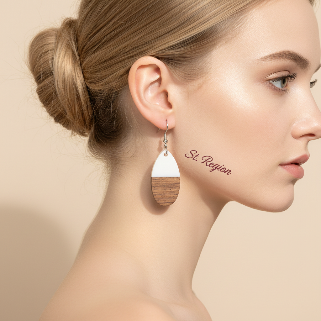 White Resin & Wood Silvertone Patchwork Teardrop Hook Earrings