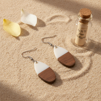 White Resin & Wood Silvertone Patchwork Teardrop Hook Earrings