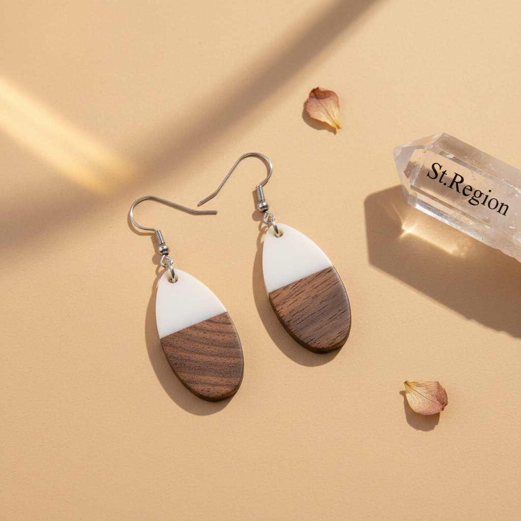 White Resin & Wood Silvertone Patchwork Teardrop Hook Earrings