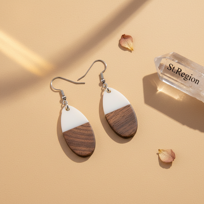 White Resin & Wood Silvertone Patchwork Teardrop Hook Earrings