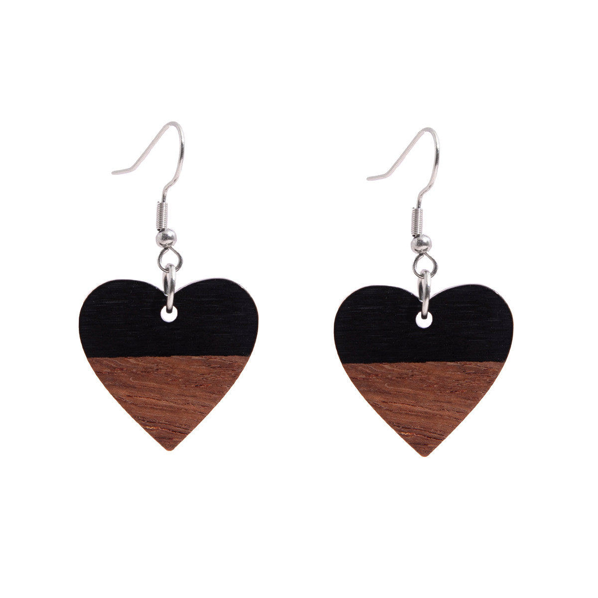 Black Resin & Wood Silvertone Heart Hook Earrings