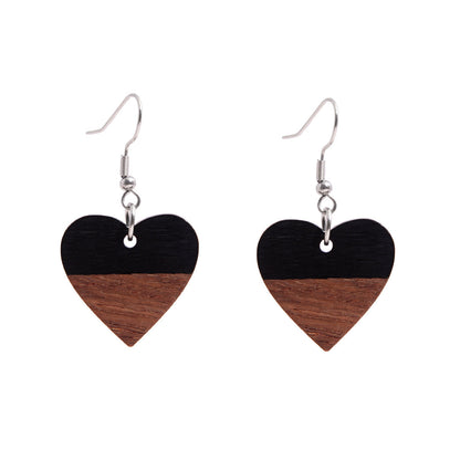 Black Resin & Wood Silvertone Heart Hook Earrings