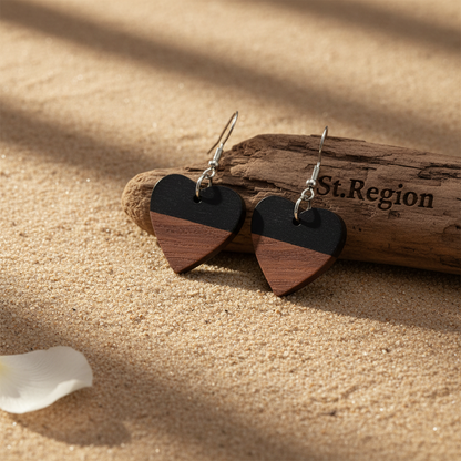 Black Resin & Wood Silvertone Heart Hook Earrings