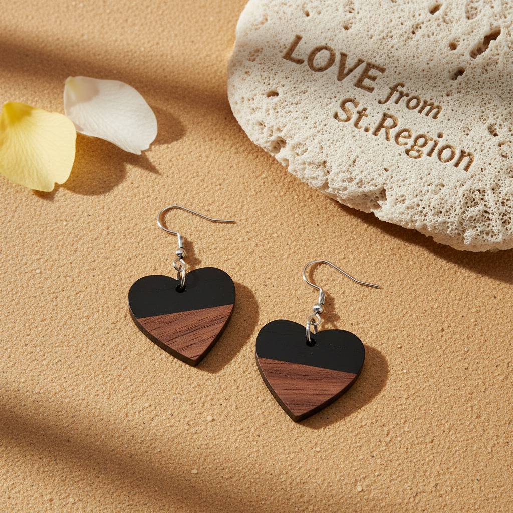 Black Resin & Wood Silvertone Heart Hook Earrings