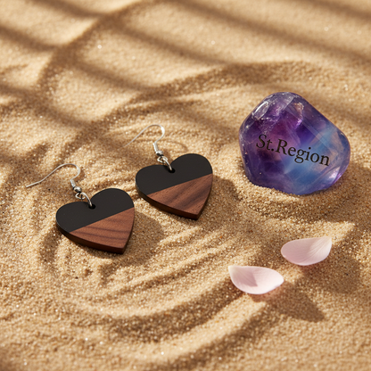 Black Resin & Wood Silvertone Heart Hook Earrings