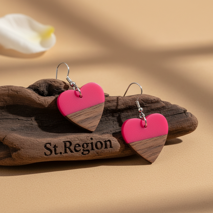 Rose Resin & Wood Silvertone Heart Hook Earrings