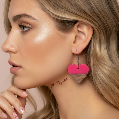 Rose Resin & Wood Silvertone Heart Hook Earrings
