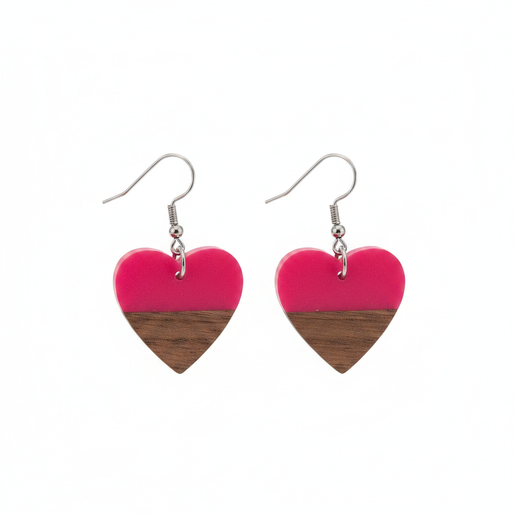 Rose Resin & Wood Silvertone Heart Hook Earrings