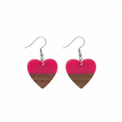 Rose Resin & Wood Silvertone Heart Hook Earrings