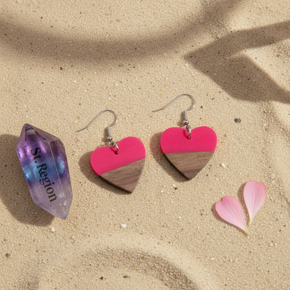 Rose Resin & Wood Silvertone Heart Hook Earrings
