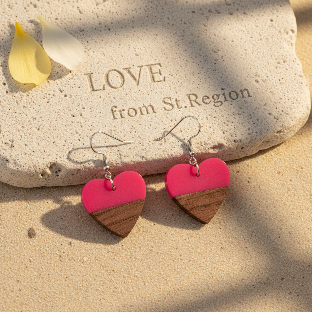 Rose Resin & Wood Silvertone Heart Hook Earrings