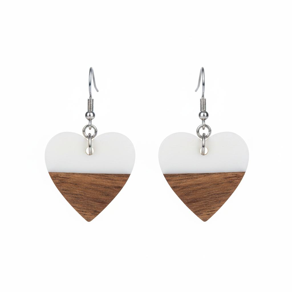 White Resin & Wood Silvertone Heart Hook Earrings