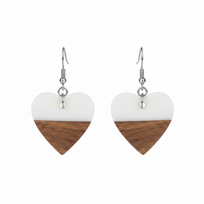 White Resin & Wood Silvertone Heart Hook Earrings