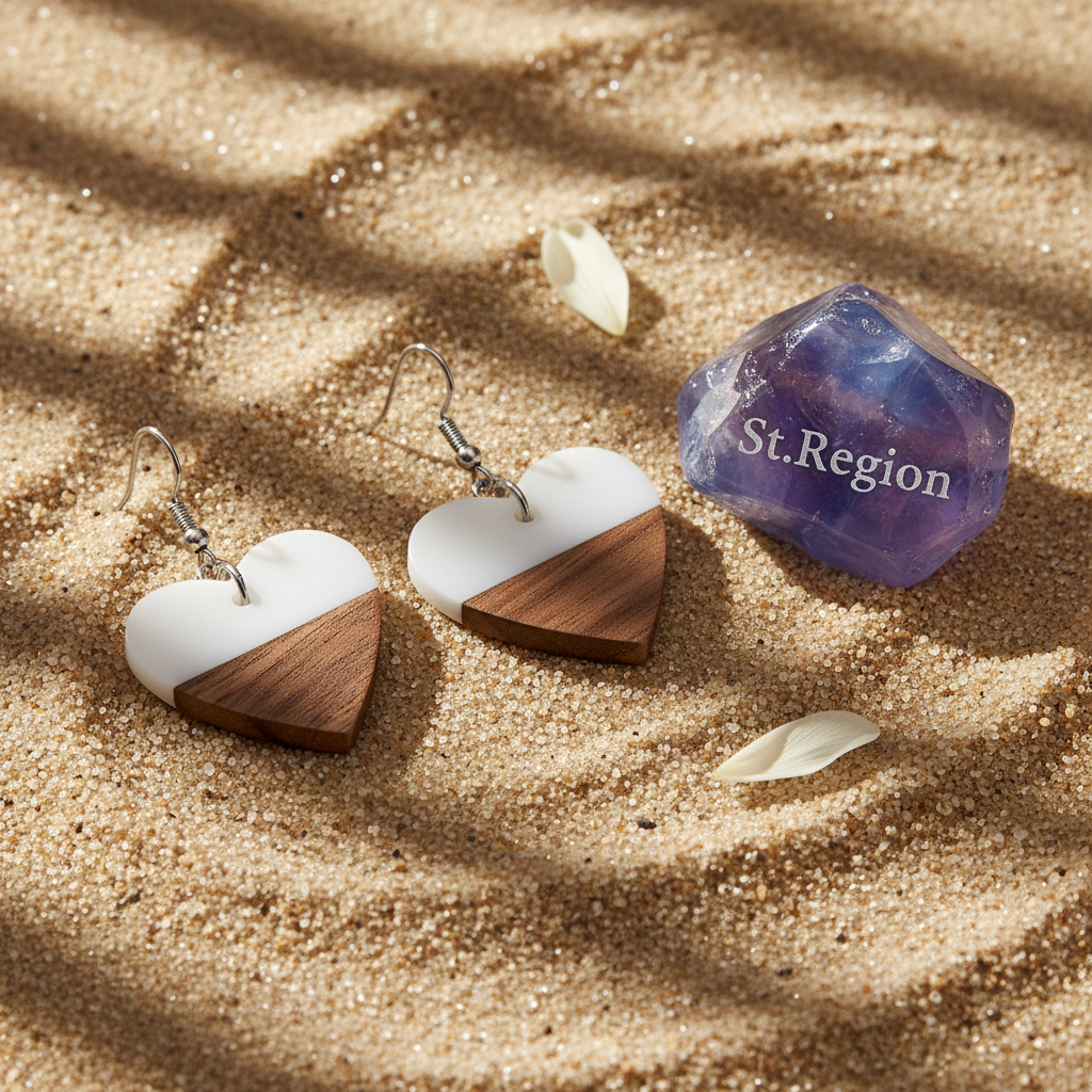 White Resin & Wood Silvertone Heart Hook Earrings