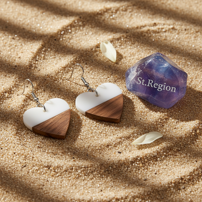White Resin & Wood Silvertone Heart Hook Earrings