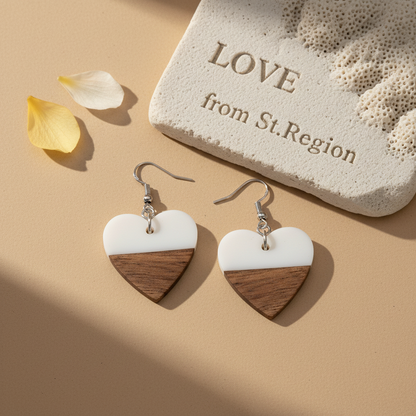 White Resin & Wood Silvertone Heart Hook Earrings