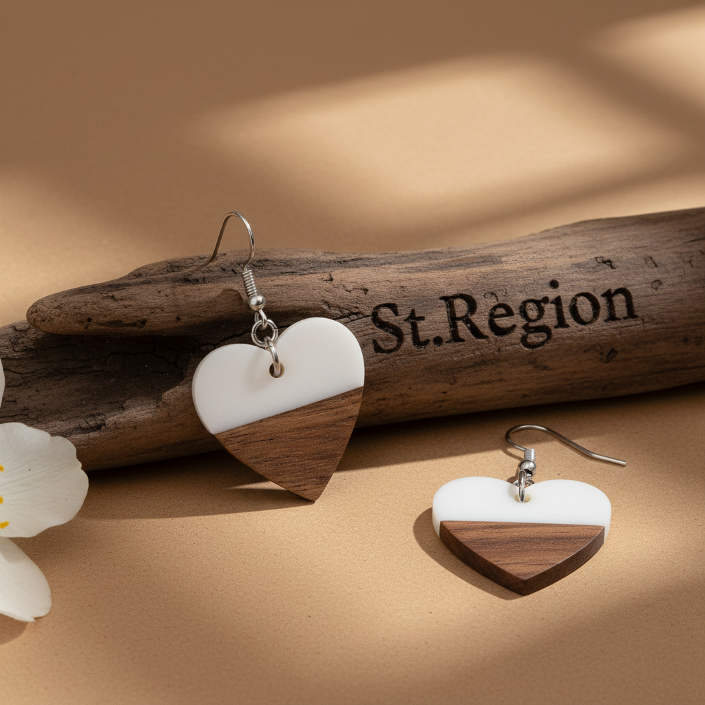 White Resin & Wood Silvertone Heart Hook Earrings