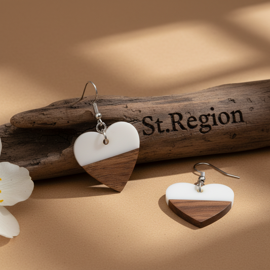White Resin & Wood Silvertone Heart Hook Earrings