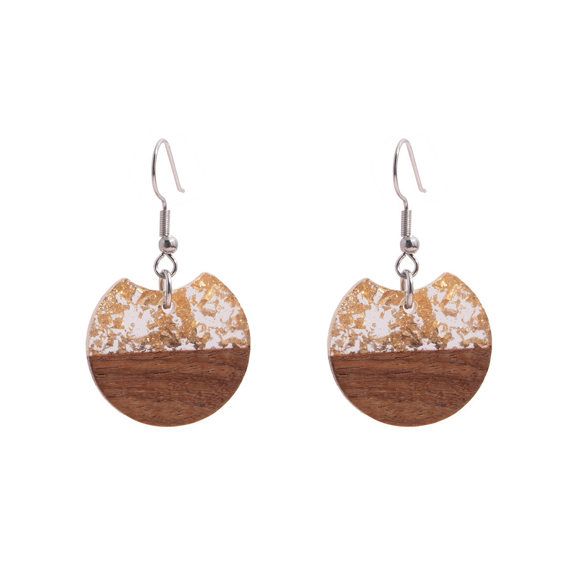 Clear Resin & Wood Silvertone Gold Foil Circular Hook Earrings