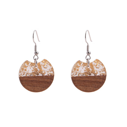 Clear Resin & Wood Silvertone Gold Foil Circular Hook Earrings