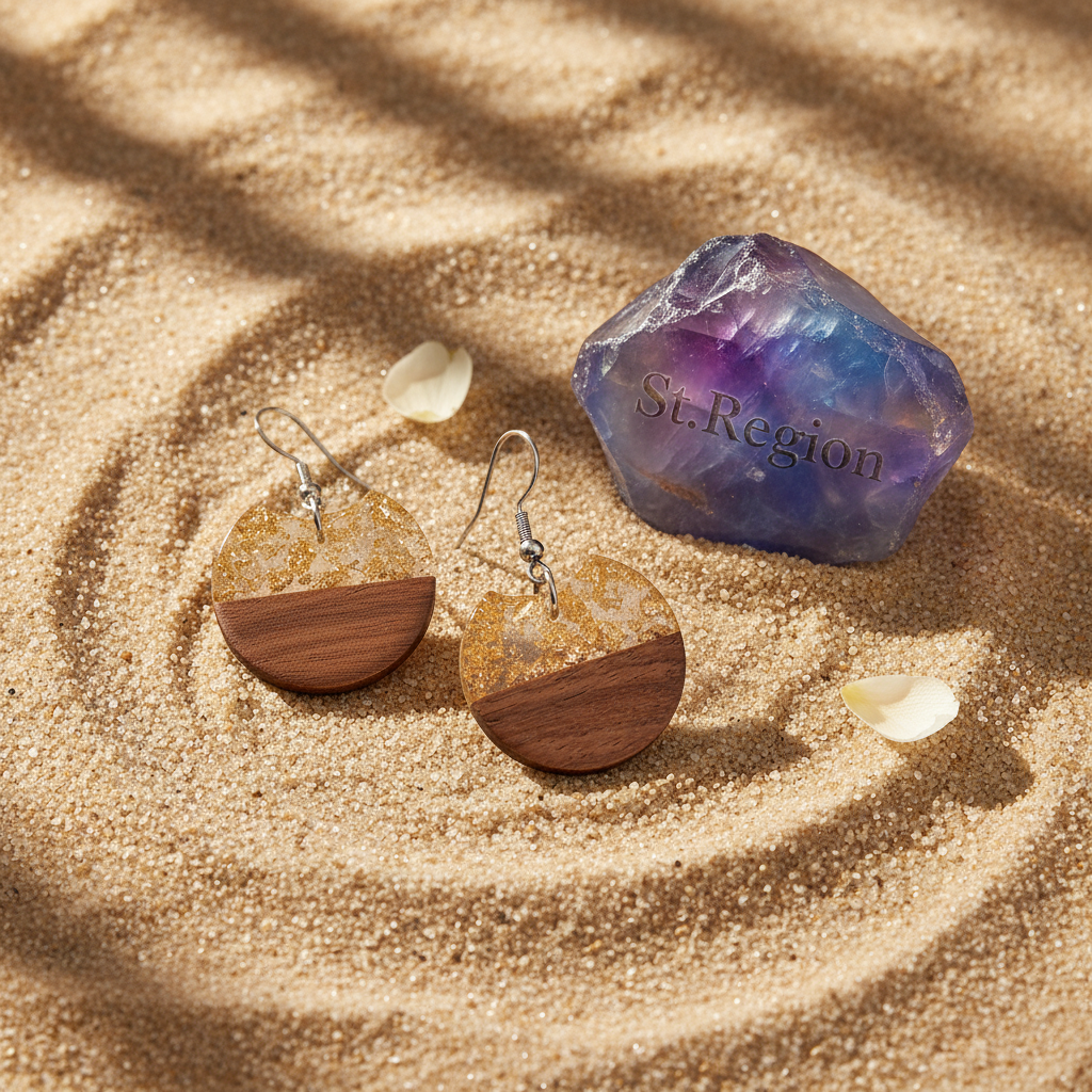 Clear Resin & Wood Silvertone Gold Foil Circular Hook Earrings