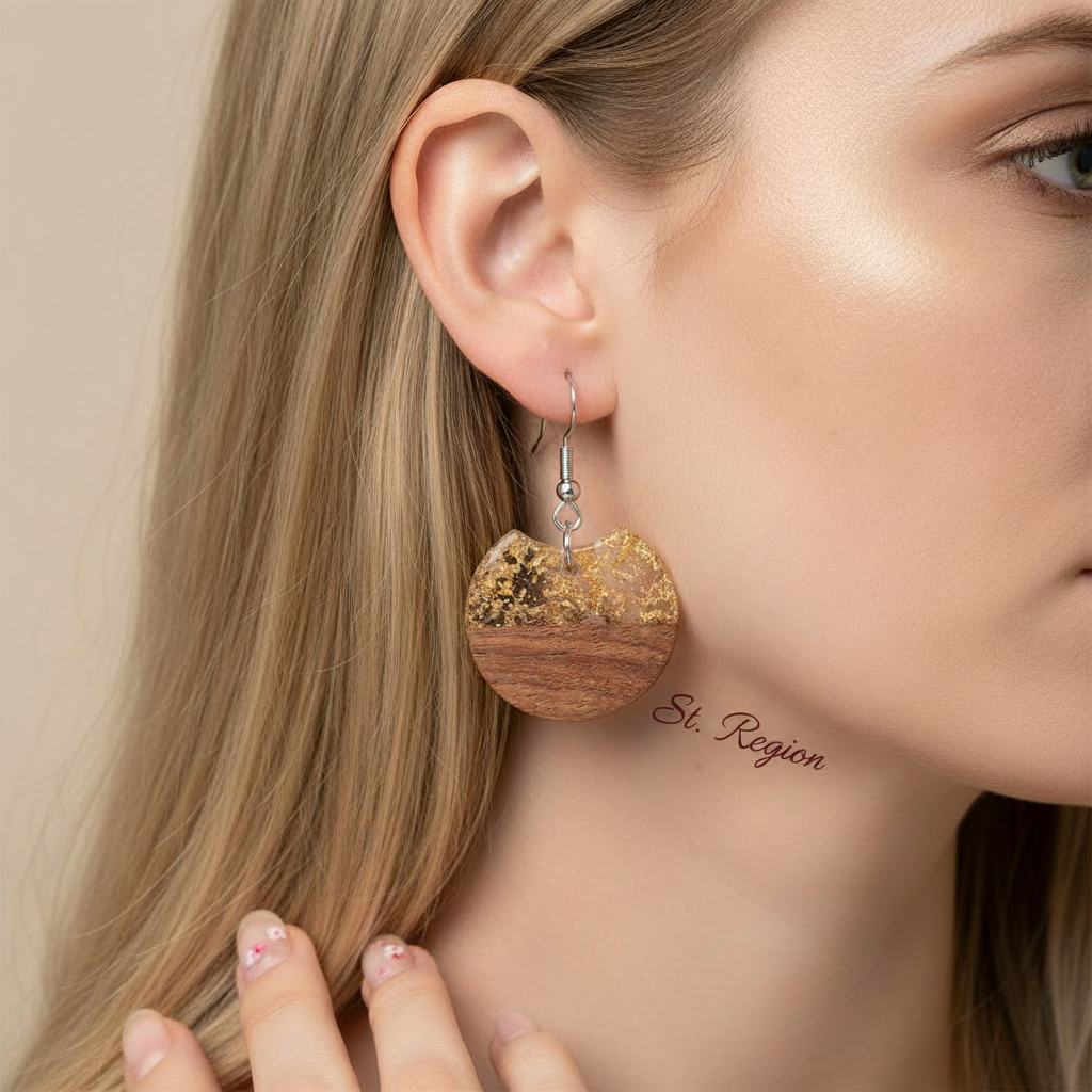 Clear Resin & Wood Silvertone Gold Foil Circular Hook Earrings