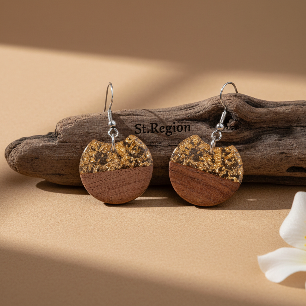 Clear Resin & Wood Silvertone Gold Foil Circular Hook Earrings