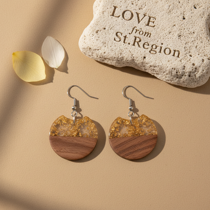 Clear Resin & Wood Silvertone Gold Foil Circular Hook Earrings
