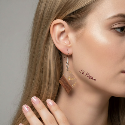 Clear Resin & Wood Silvertone Gold Foil Rhombus Hook Earrings