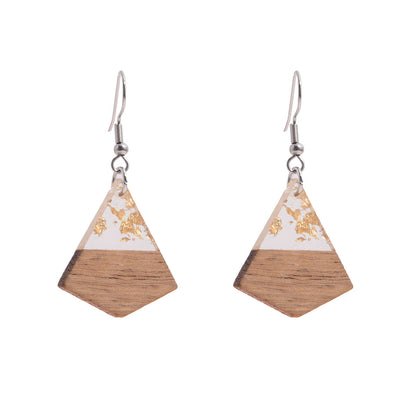 Clear Resin & Wood Silvertone Gold Foil Sheild Hook Earrings