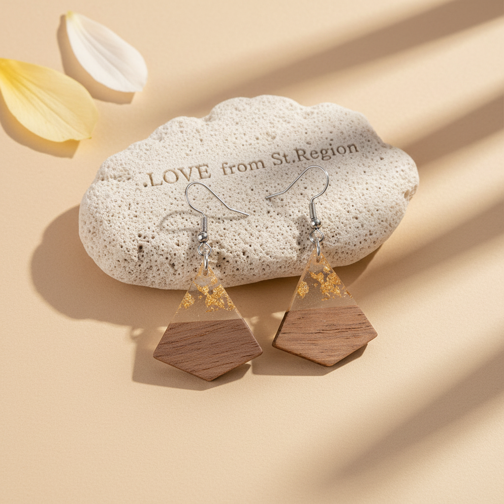 Clear Resin & Wood Silvertone Gold Foil Sheild Hook Earrings