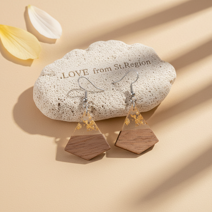 Clear Resin & Wood Silvertone Gold Foil Sheild Hook Earrings