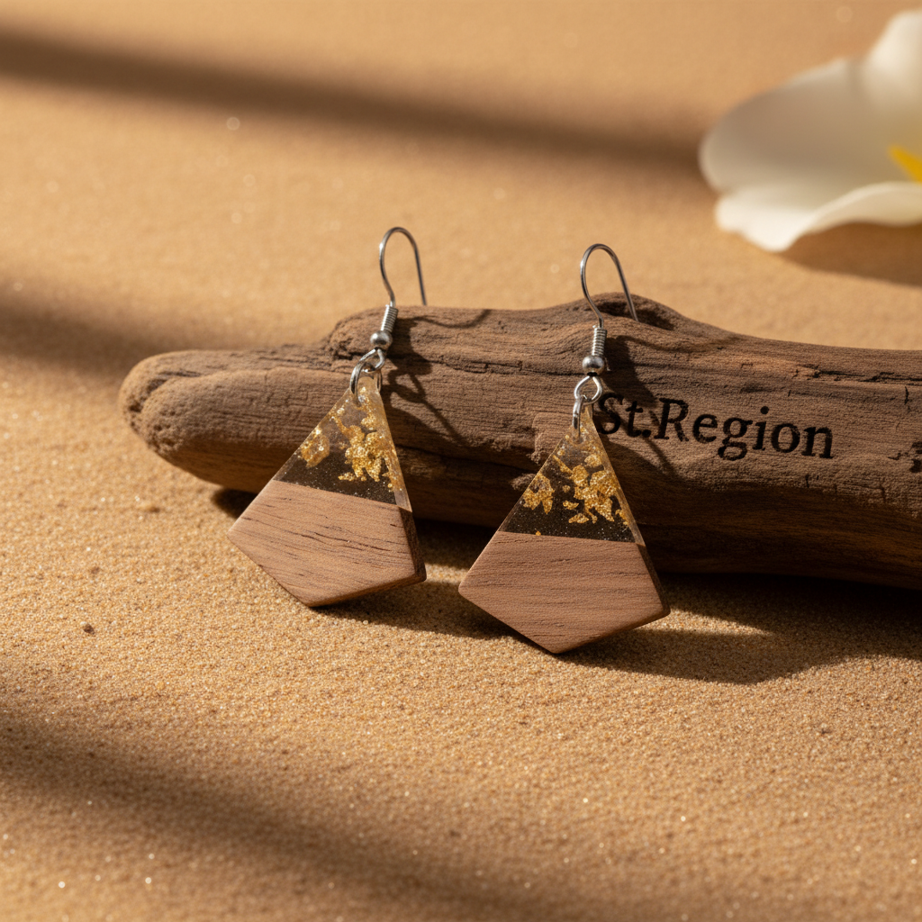 Clear Resin & Wood Silvertone Gold Foil Sheild Hook Earrings