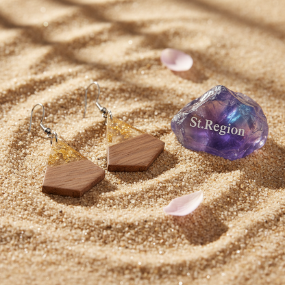 Clear Resin & Wood Silvertone Gold Foil Sheild Hook Earrings