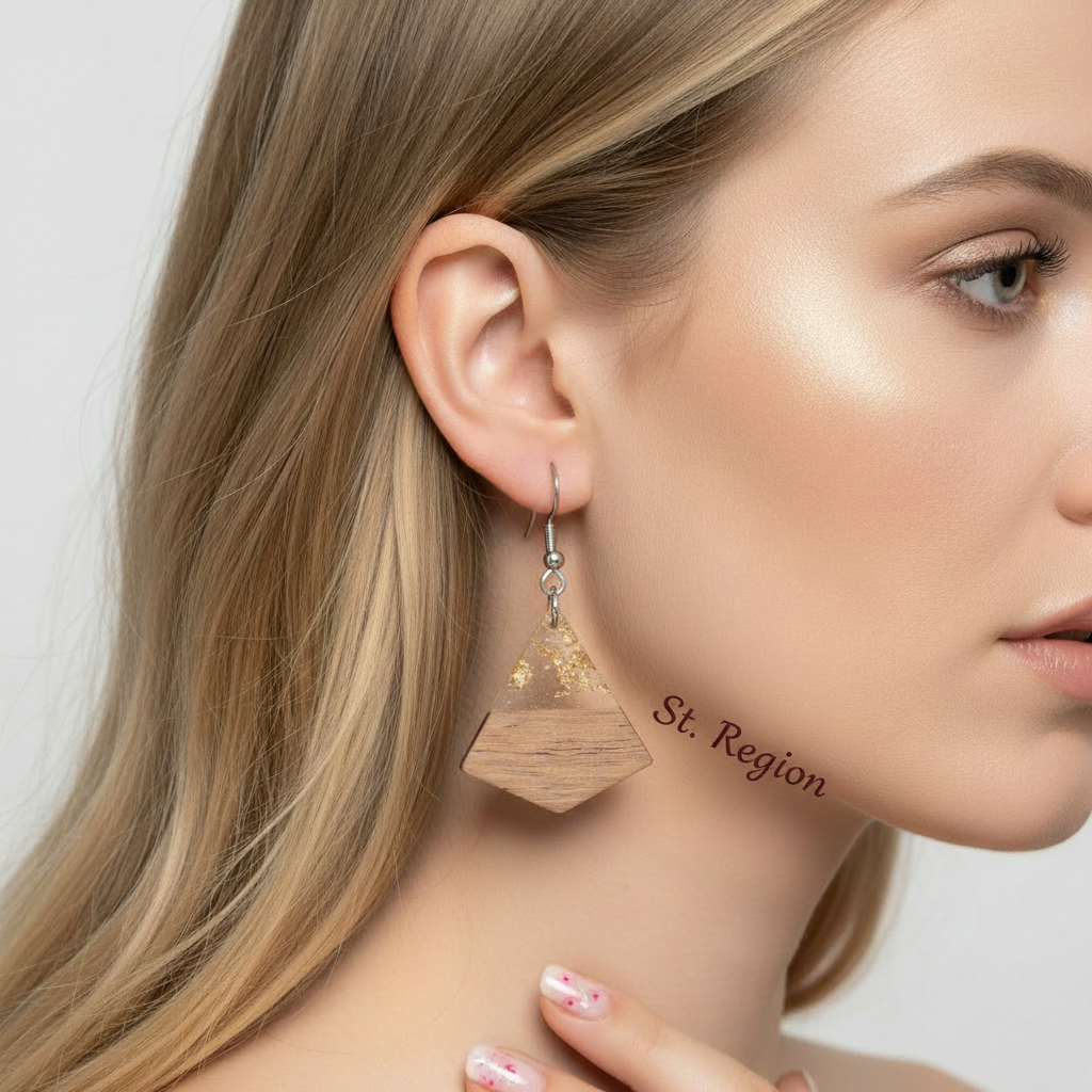 Clear Resin & Wood Silvertone Gold Foil Sheild Hook Earrings