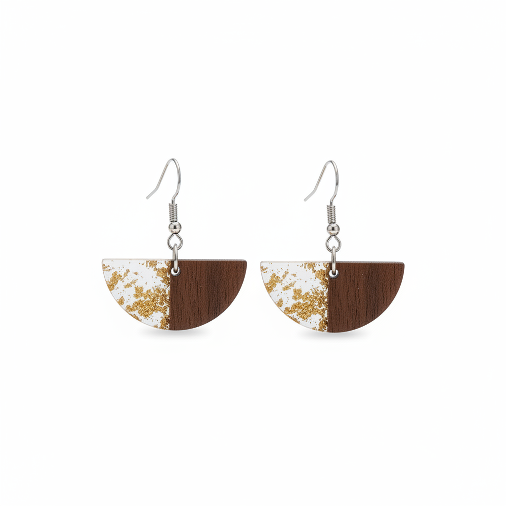 Clear Resin & Wood Silvertone Gold Foil Sector Hook Earrings