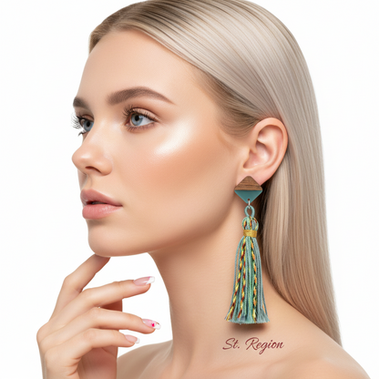 Green Polyster & Resin Wood Silvertone Tassel Statement Drop Earrings