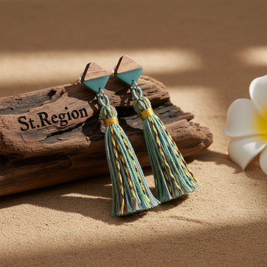 Green Polyster & Resin Wood Silvertone Tassel Statement Drop Earrings