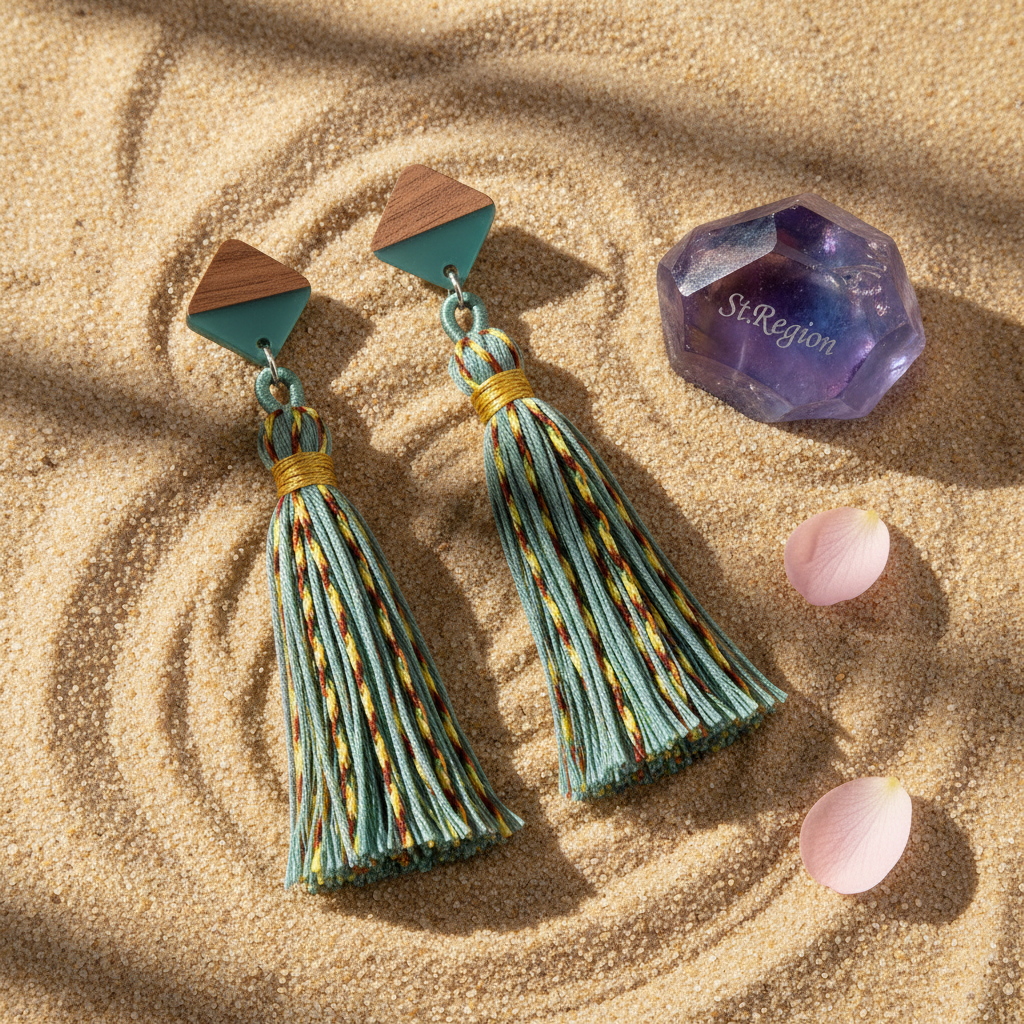 Green Polyster & Resin Wood Silvertone Tassel Statement Drop Earrings