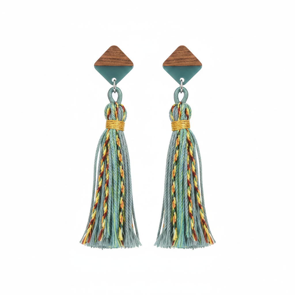 Green Polyster & Resin Wood Silvertone Tassel Statement Drop Earrings