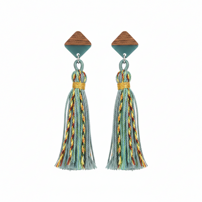 Green Polyster & Resin Wood Silvertone Tassel Statement Drop Earrings