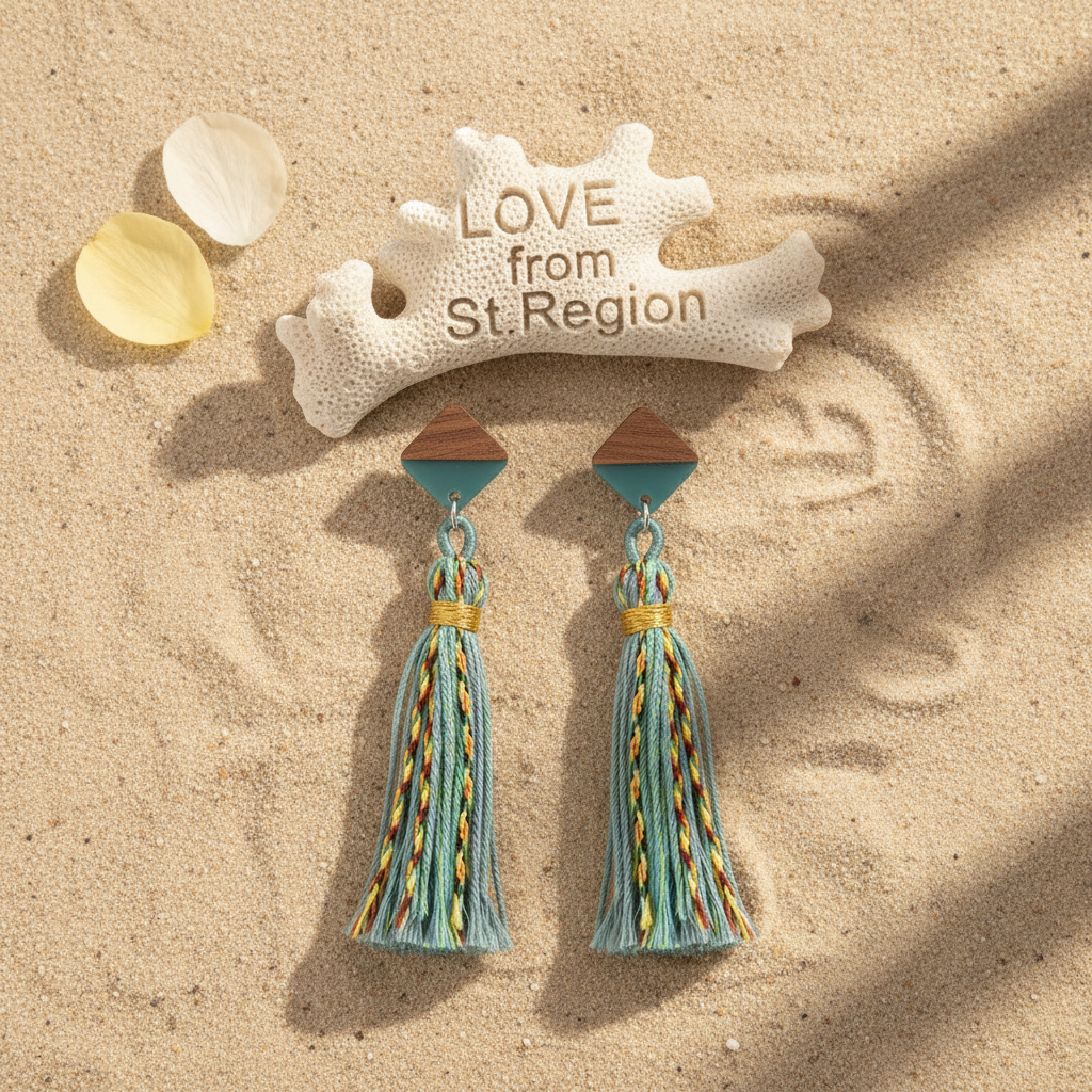 Green Polyster & Resin Wood Silvertone Tassel Statement Drop Earrings