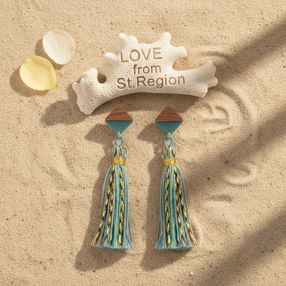 Green Polyster & Resin Wood Silvertone Tassel Statement Drop Earrings