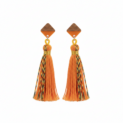 Orange Polyster & Resin Wood Silvertone Tassel Statement Drop Earrings